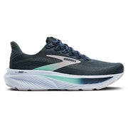 Gray running shoe with green accents on a white background