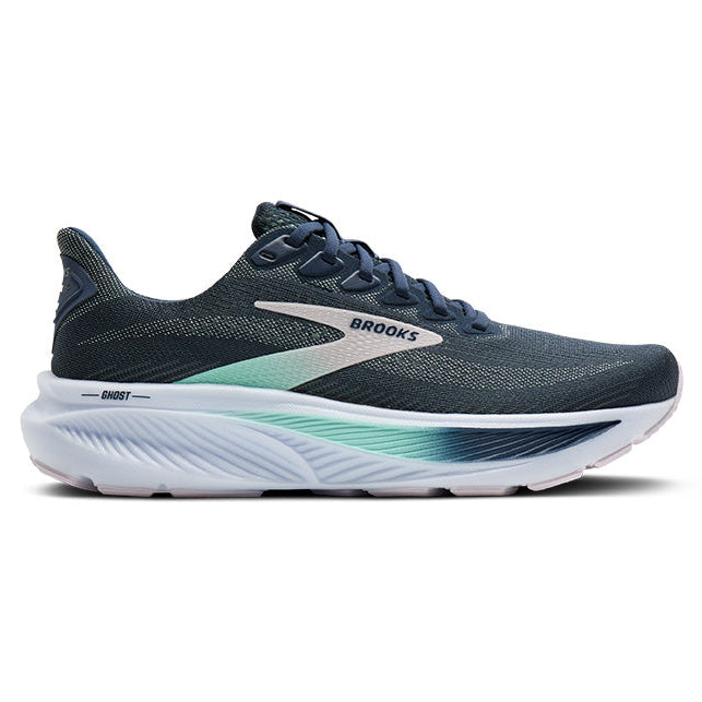 Gray running shoe with green accents on a white background