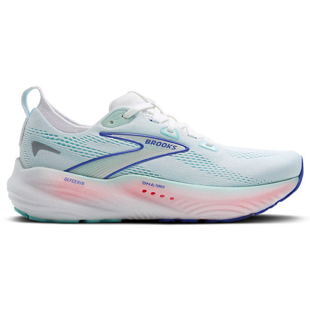 Light blue running shoe with pink sole on a white background