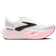 White running shoe with pink sole and Brooks logo on a white background