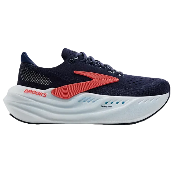 Navy running shoe with red accents and Brooks logo on a white background