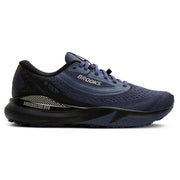 Navy running shoe with black sole on a white background