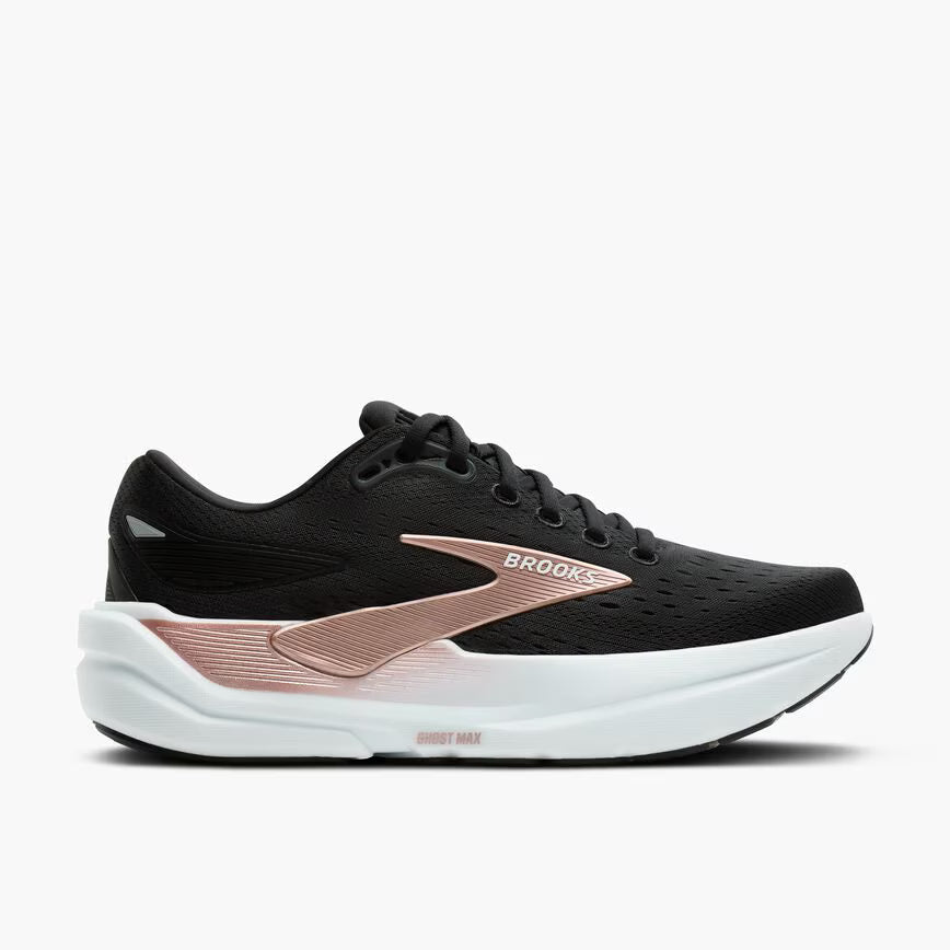 Black running shoe with white sole and rose gold accents on a white background