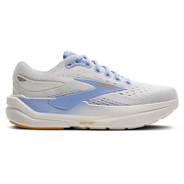 White and blue running shoe with 'Brooks' branding on a white background