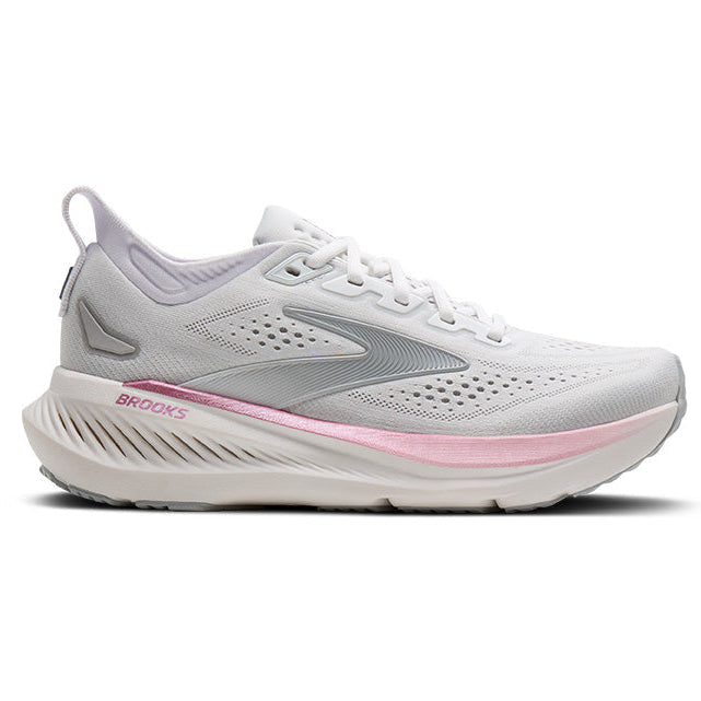 Gray and pink running shoe with 'Brooks' branding on a white background