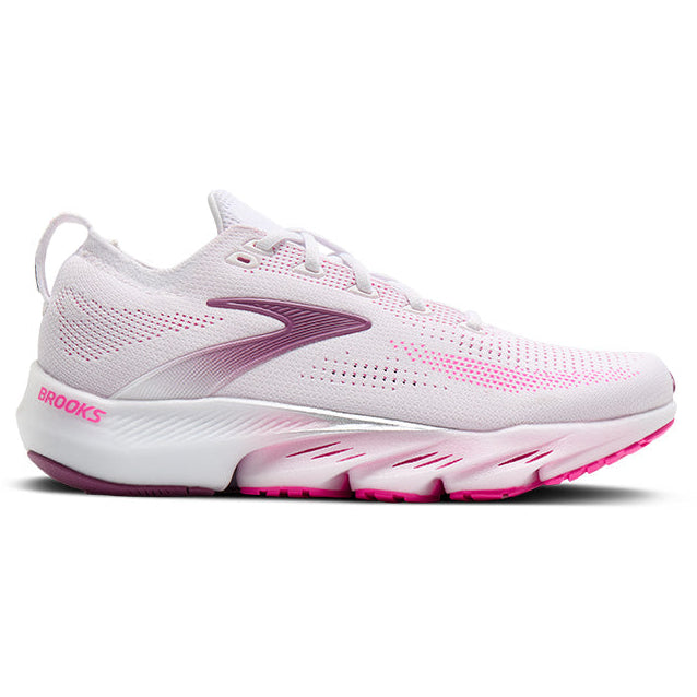 White and pink running shoe with 'Brooks' branding on a white background