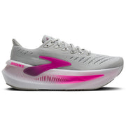 Gray running shoe with pink accents on a white background