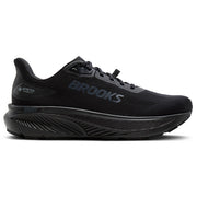 Black running shoe with 'Brooks' branding on a white background