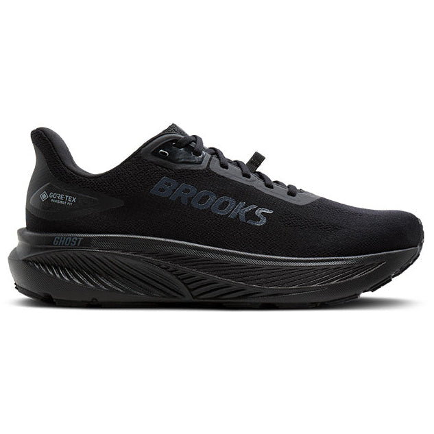 Black running shoe with 'Brooks' branding on a white background