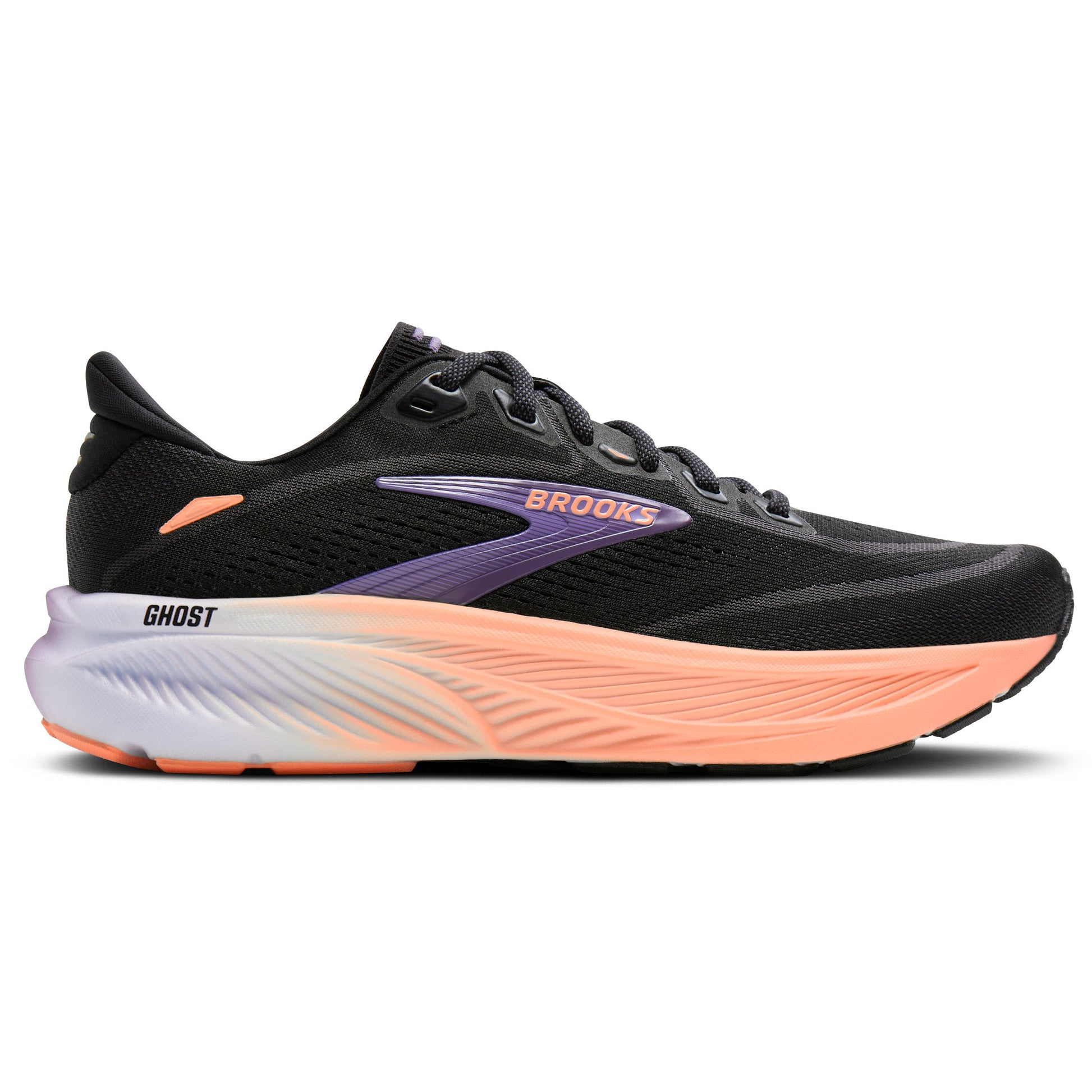 Black running shoe with orange and white sole on a white background