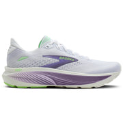 White running shoe with purple accents and green details on a white background