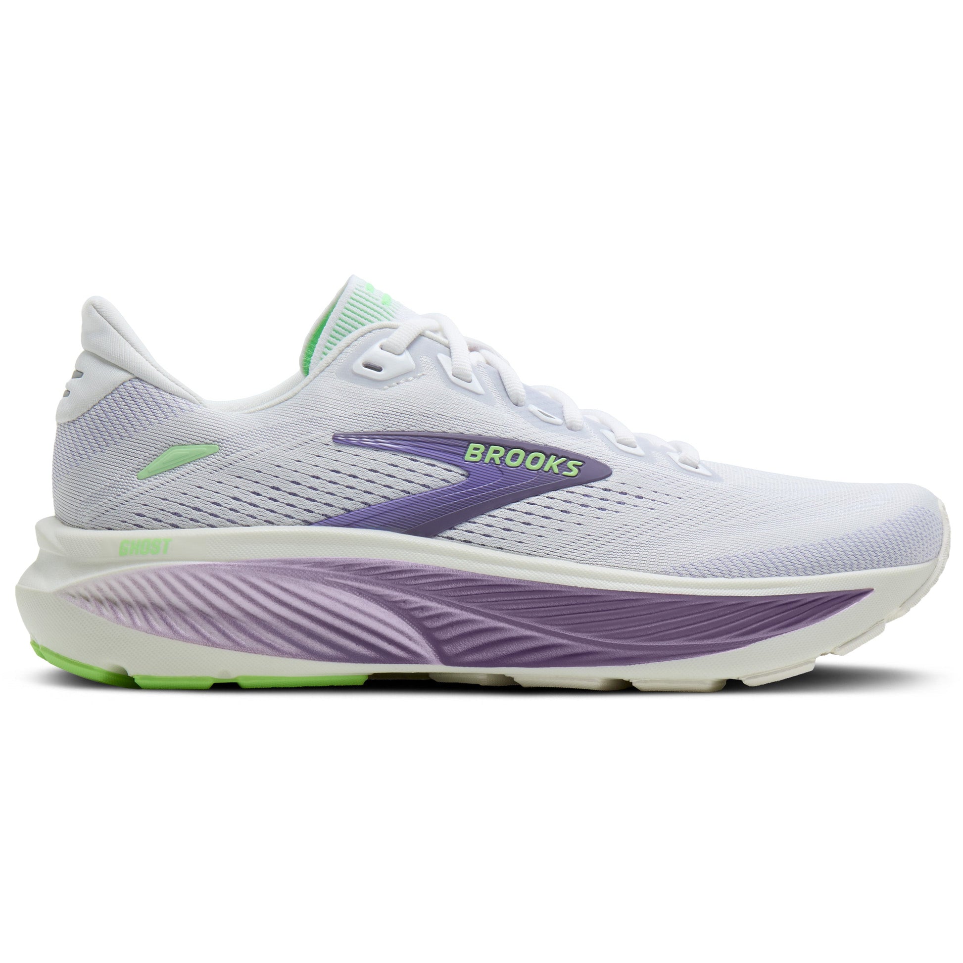 White running shoe with purple accents and green details on a white background