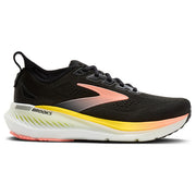 Black running shoe with pink and yellow accents on a white background