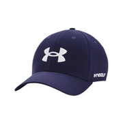 Black cap with a white logo on a white background