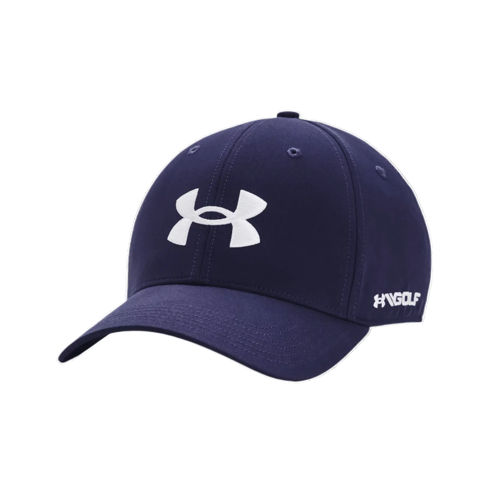 Black cap with a white logo on a white background