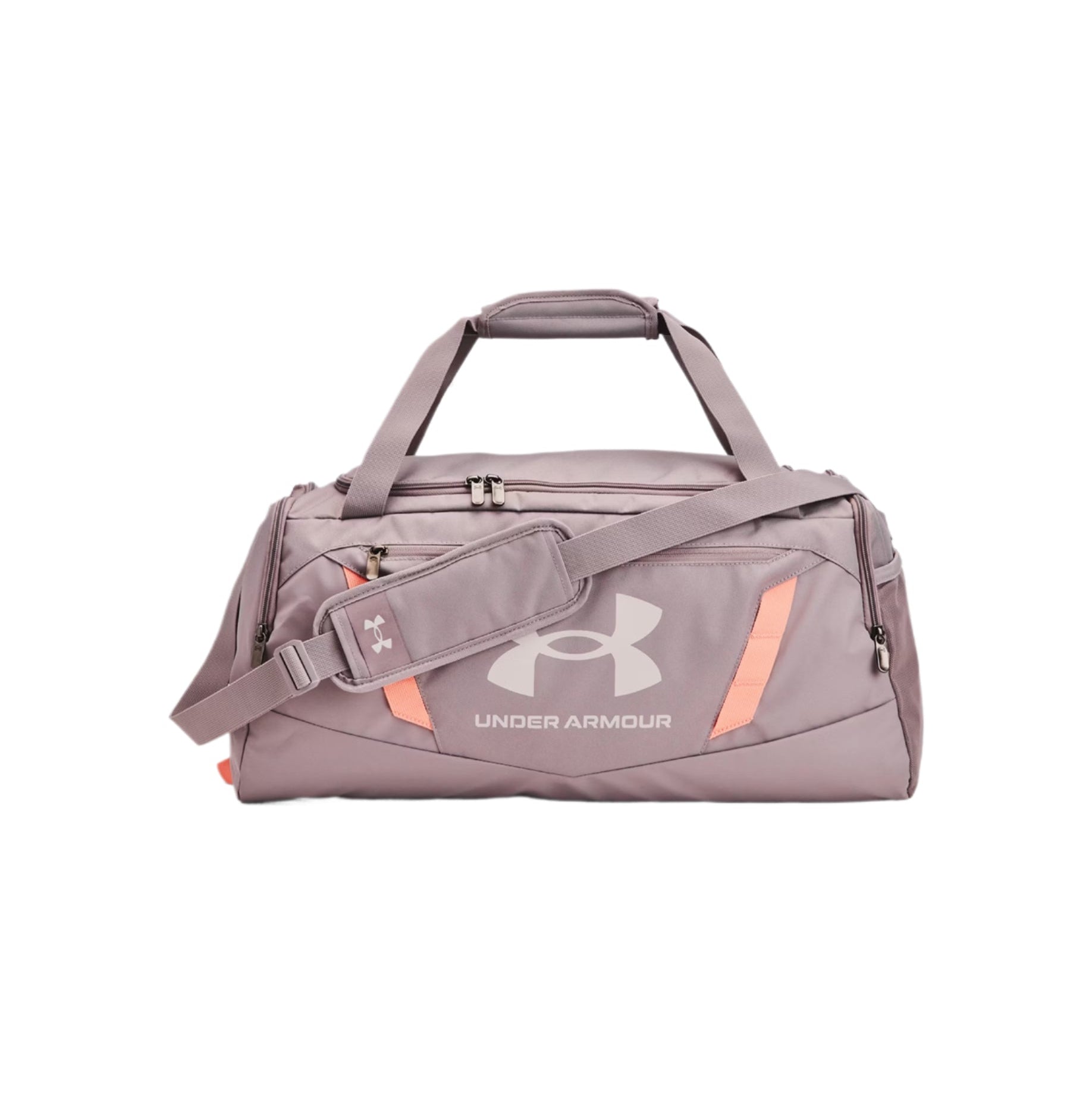 Gray duffel bag with Under Armour logo on a white background