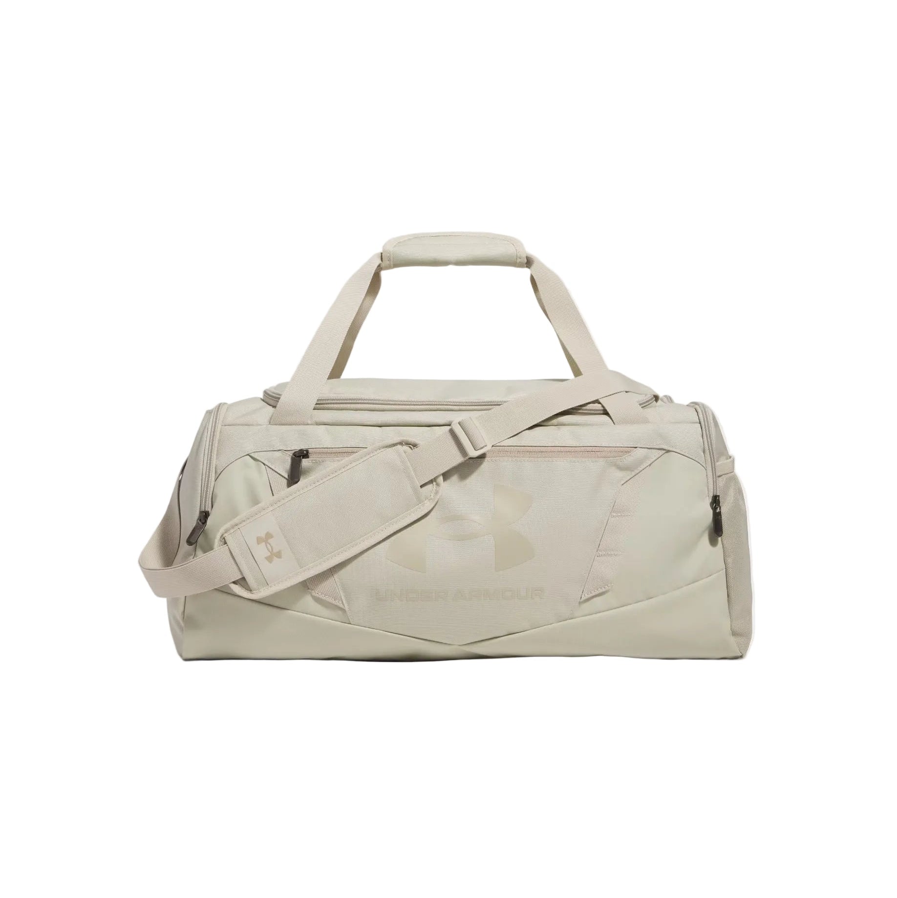 Beige duffel bag with a shoulder strap on a light gray background