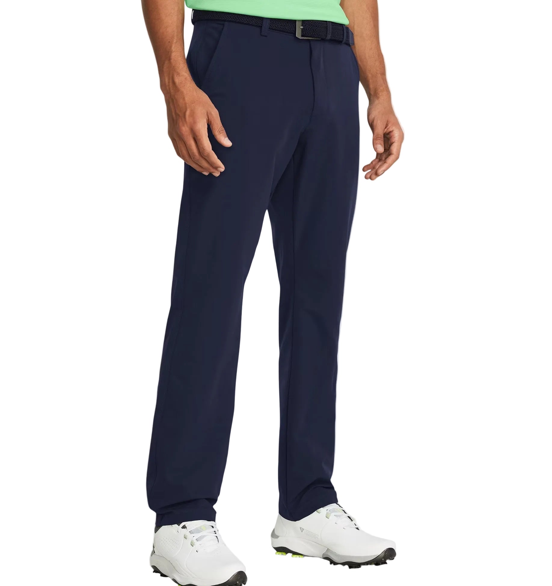 Navy pants worn by a person on a white background