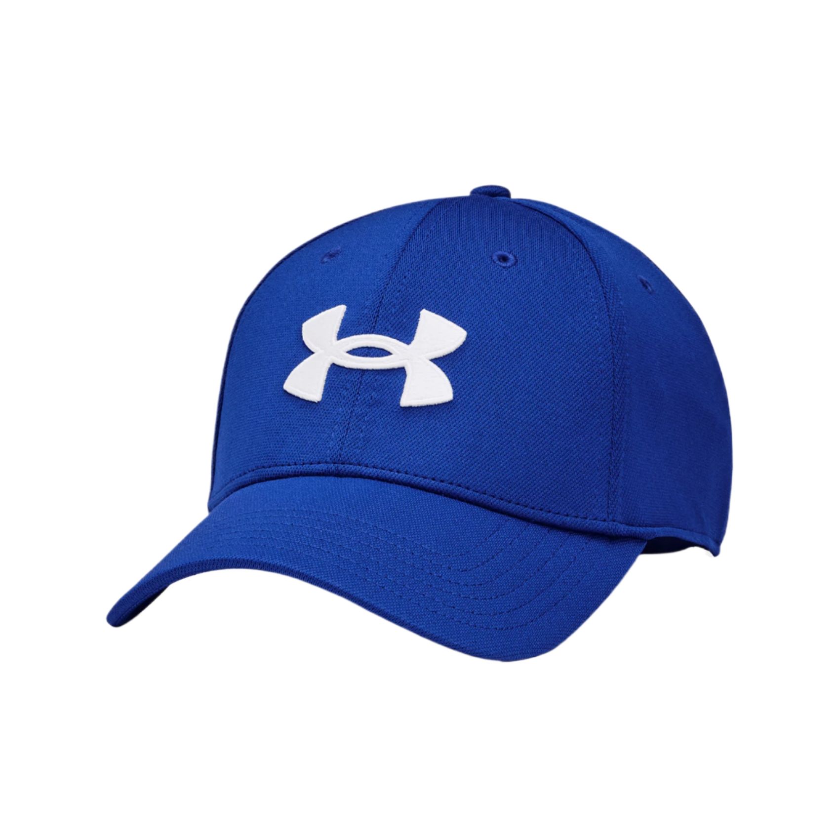 Blue cap with a white logo on a white background
