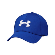 Blue cap with a white logo on a white background