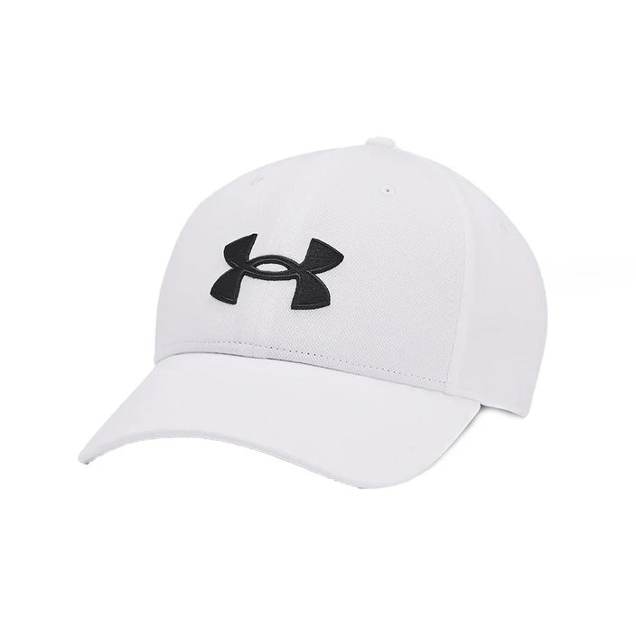 White cap with black Under Armour logo on a white background
