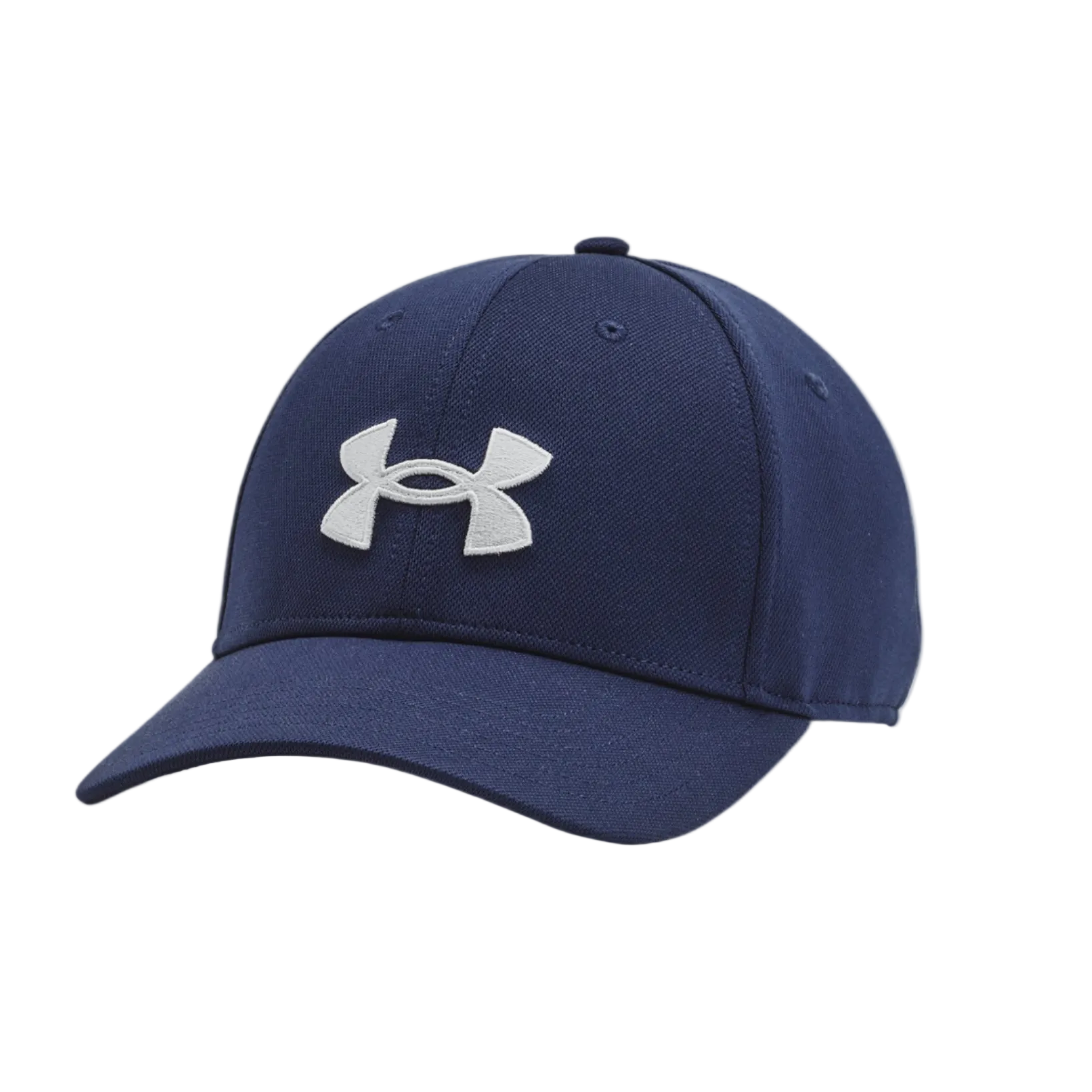 Navy blue cap with a white logo on a white background