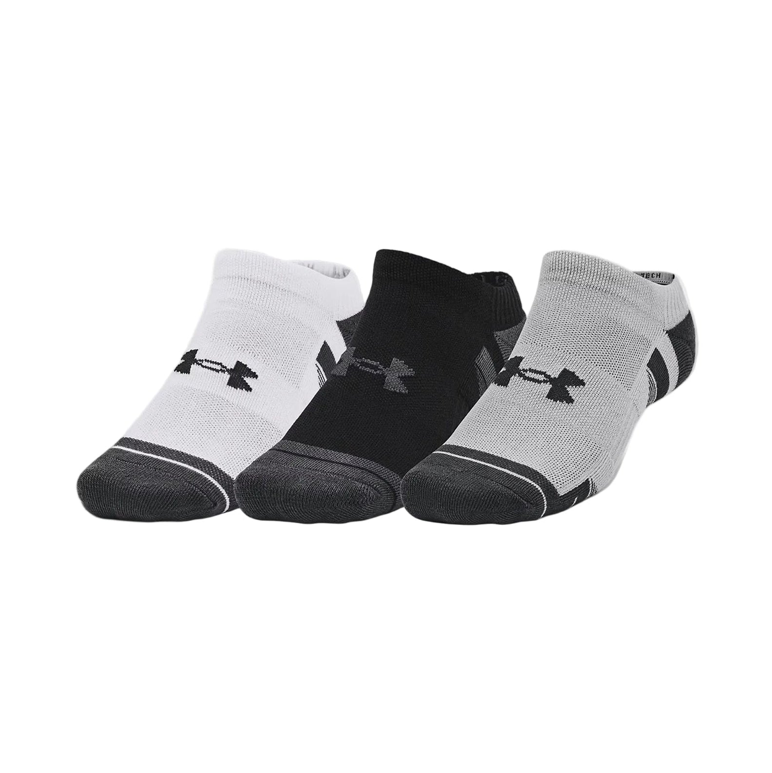 Three pairs of Under Armour socks in white, black, and gray on a white background