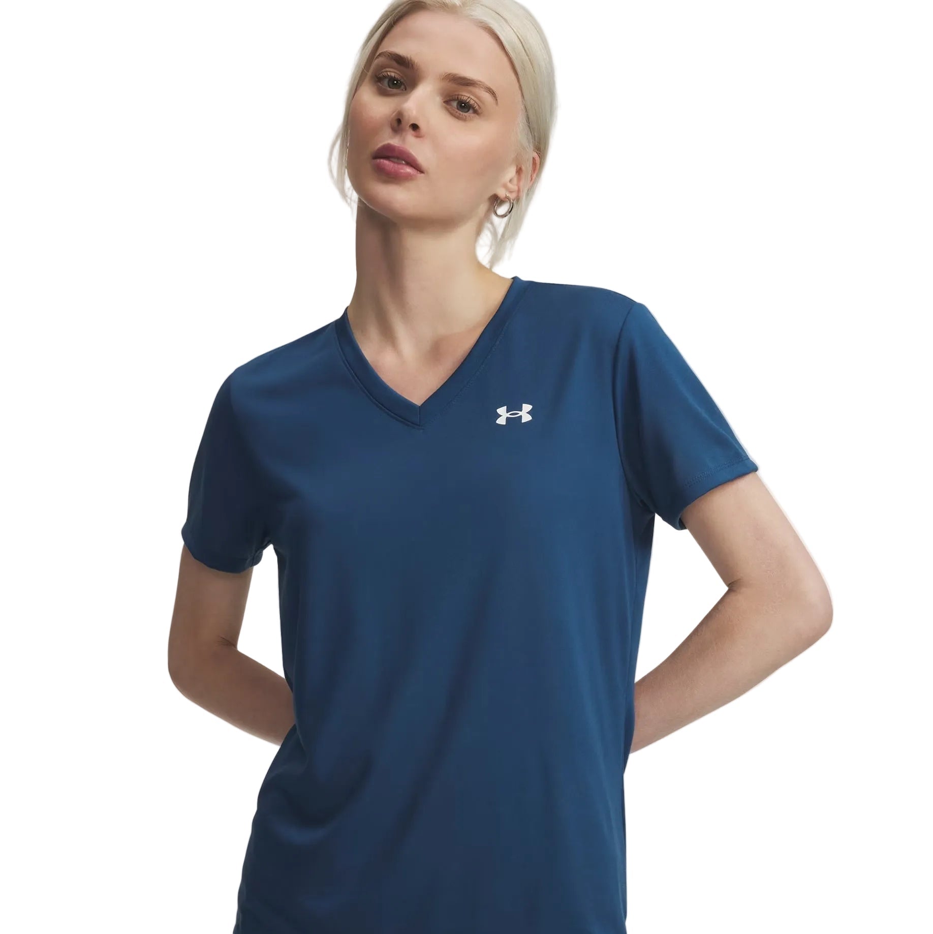 Woman wearing a blue athletic shirt with a brand logo on a white background