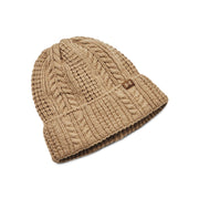 Brown knit beanie with cable pattern on a white background