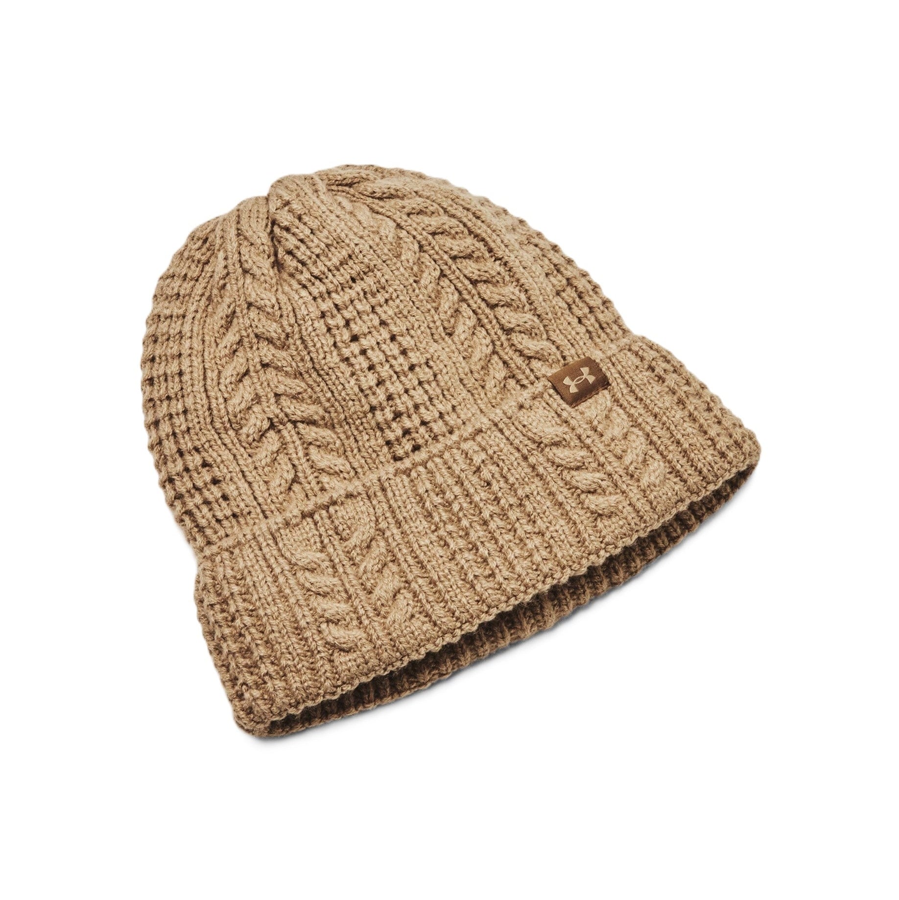 Brown knit beanie with cable pattern on a white background