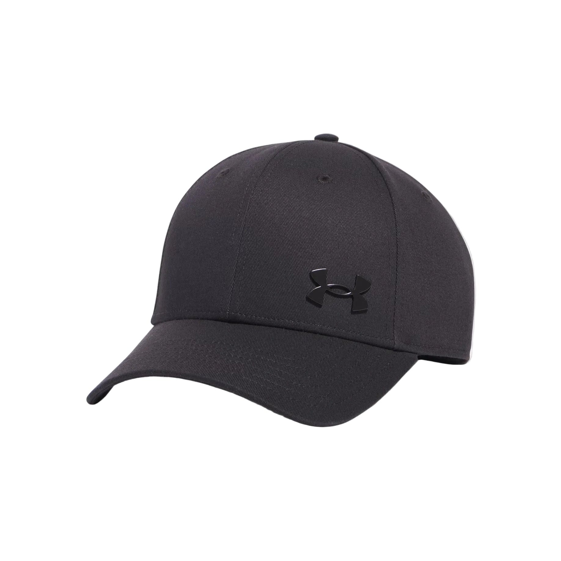 Black cap with Under Armour logo on a light gray background