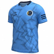 Blue sports jersey with black patterns and branding on a white background