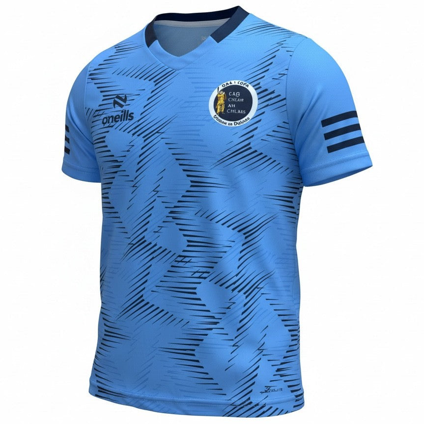 Blue sports jersey with black patterns and branding on a white background