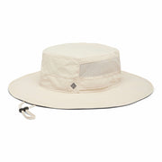 Beige wide-brimmed hat with mesh on a white background