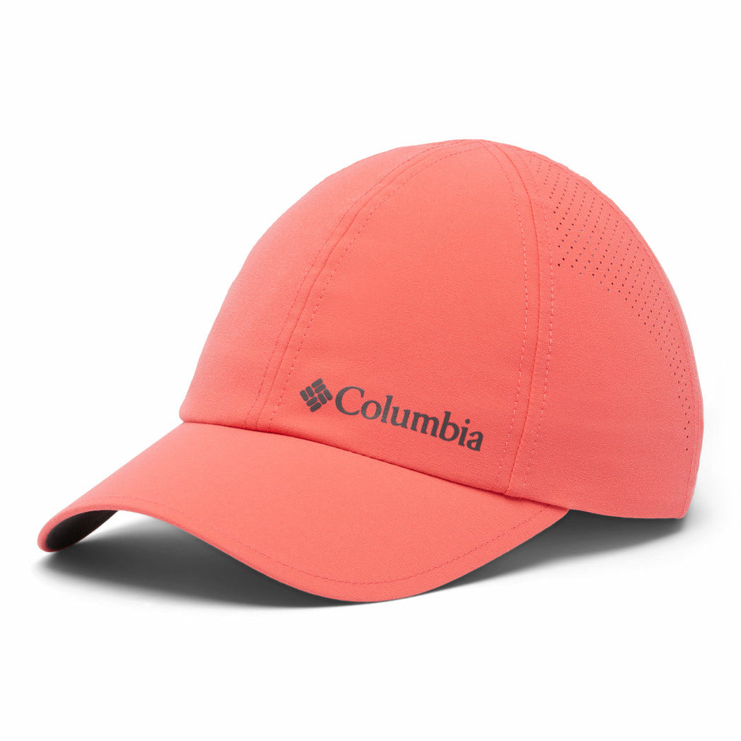 Coral-colored baseball cap with Columbia logo on a white background