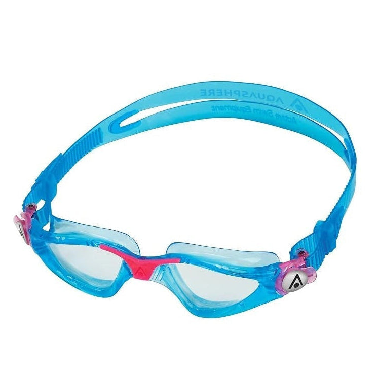Blue and pink swim goggles with a clear lens and an adjustable strap, shown on a plain white background.