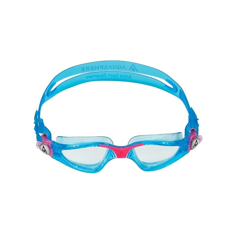 Blue and red swim goggles with a clear strap, shown against a plain white background.