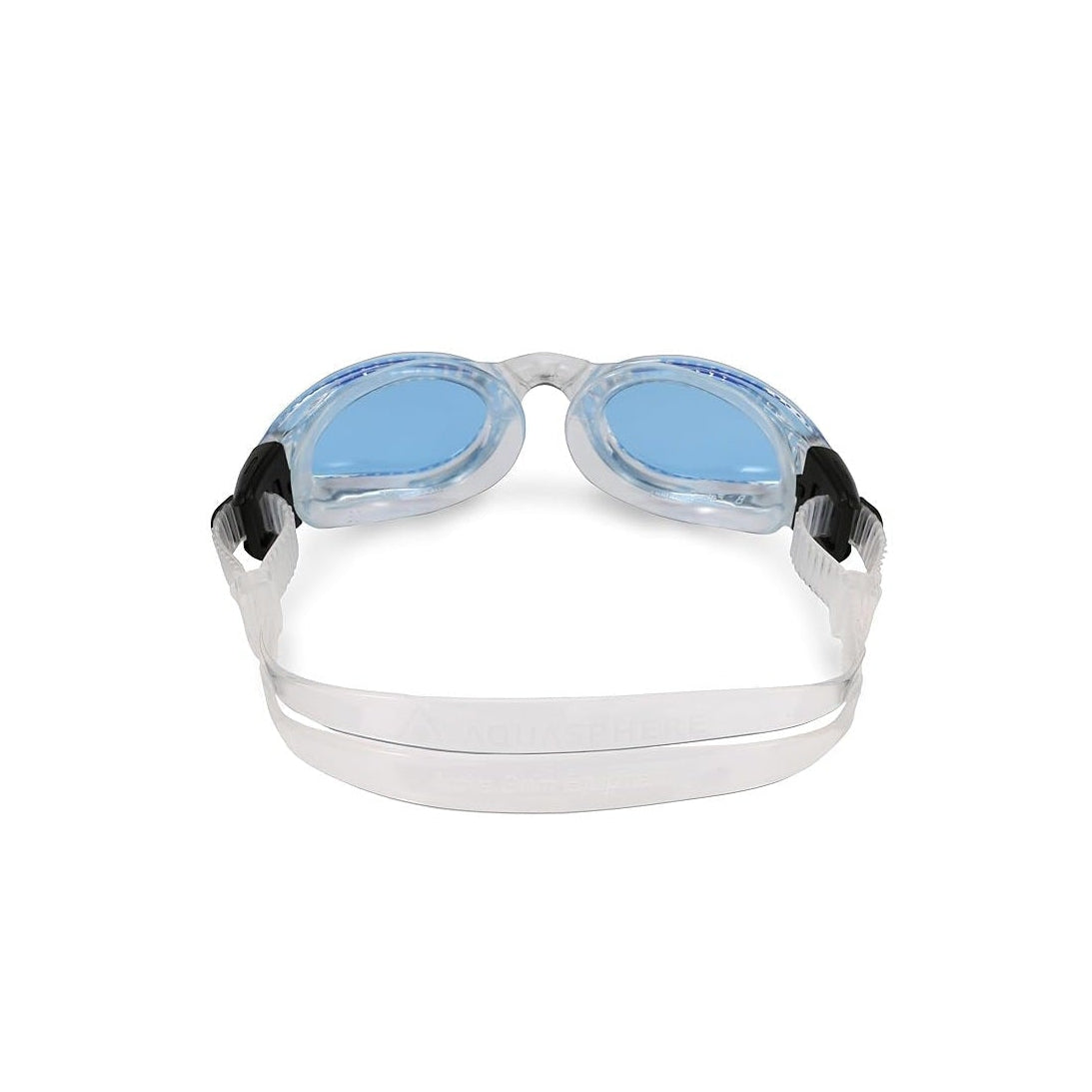 A pair of swim goggles with light blue lenses, a clear strap, and black nose pads, shown from the back on a solid white background.
