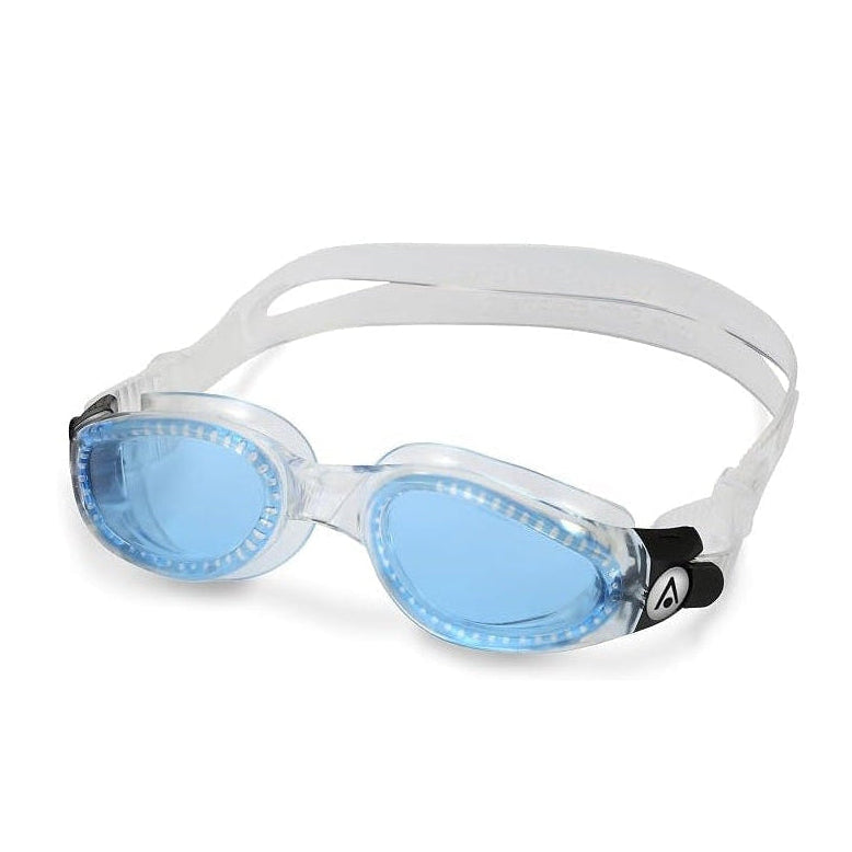 A pair of swim goggles with light blue lenses, a clear strap, and a black adjustment knob, shown on a plain white background.
