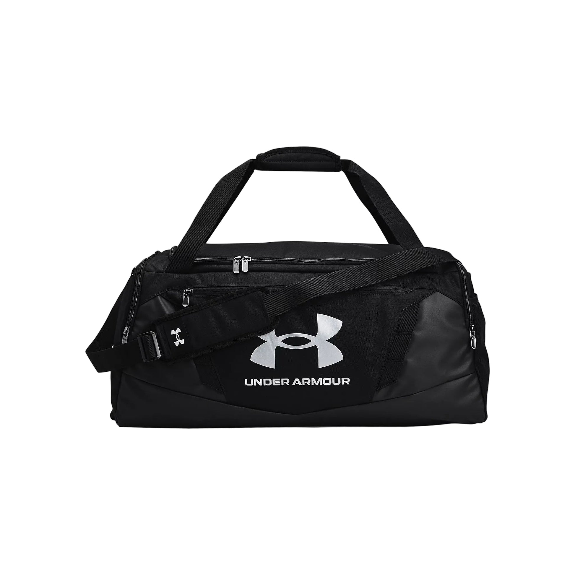 Under Armour duffel bag in heather gray and black with dual top handles, a detachable shoulder strap, and a matching gray pouch, shown on a light gray background.