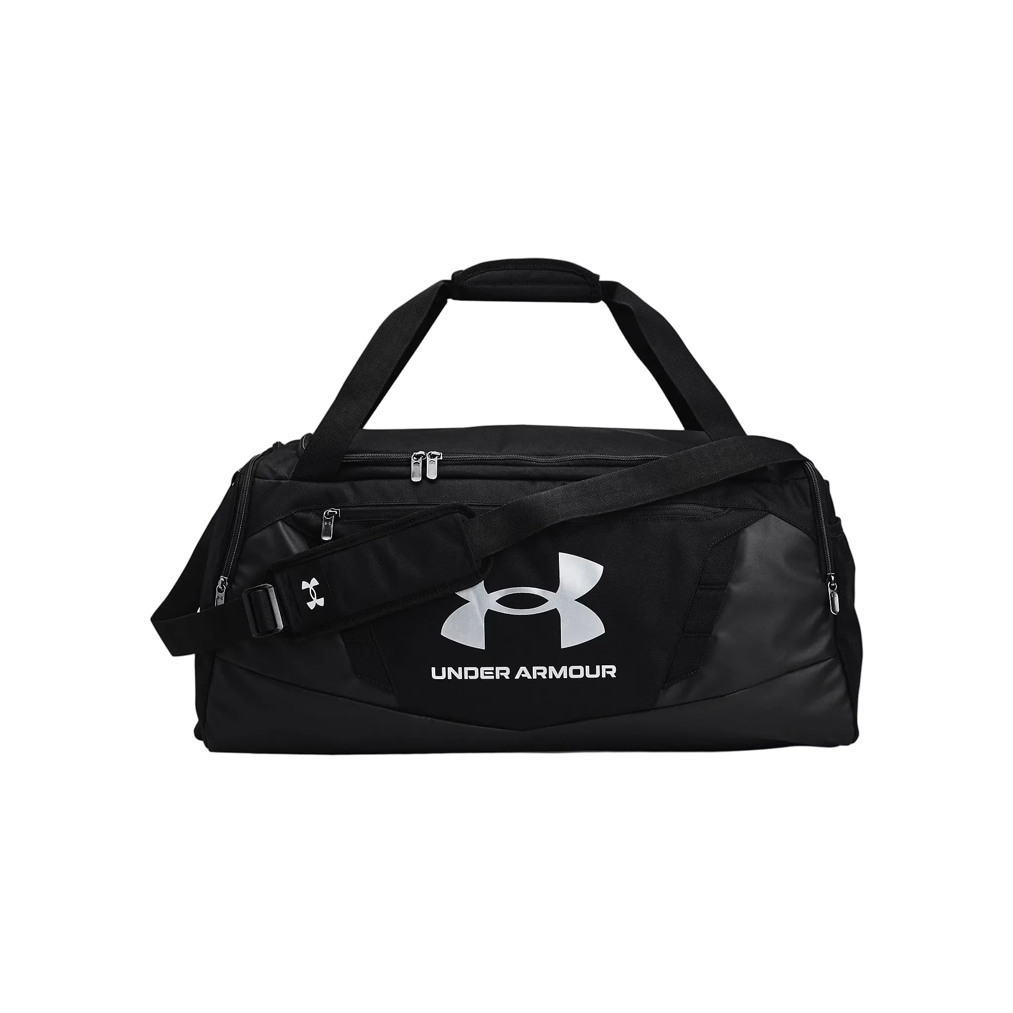 Under Armour duffel bag in heather gray and black with dual top handles, a detachable shoulder strap, and a matching gray pouch, shown on a light gray background.