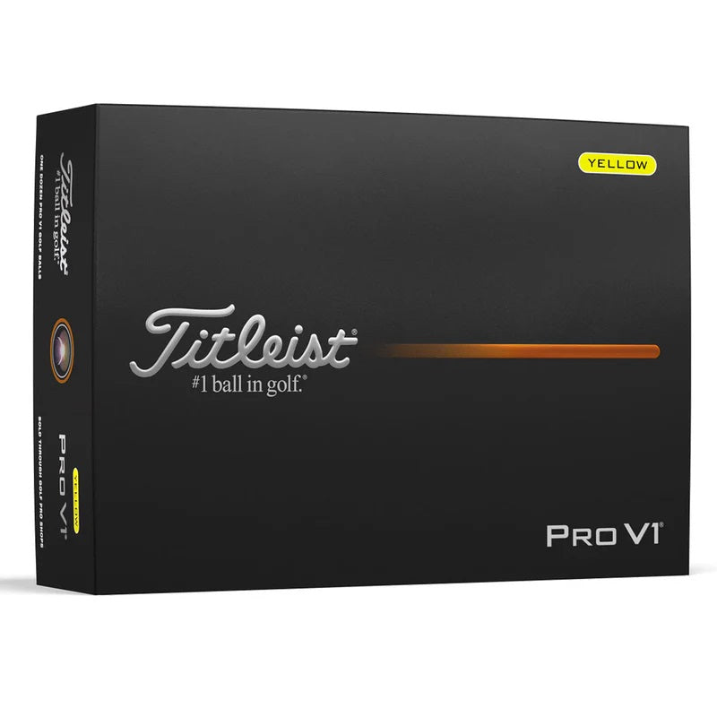 Titleist ProVI golf ball packaging box in black with silver and orange branding, featuring a yellow 'YELLOW' label on the top right.
