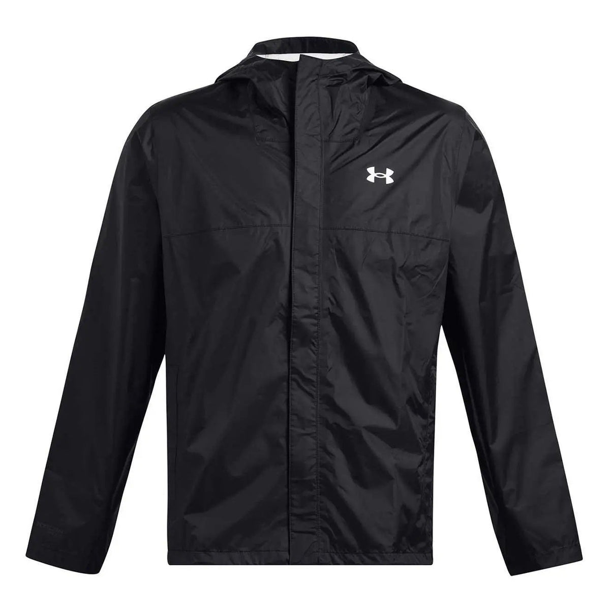 A black Under Armour lightweight jacket with a white logo on the left chest, displayed against a solid white background.