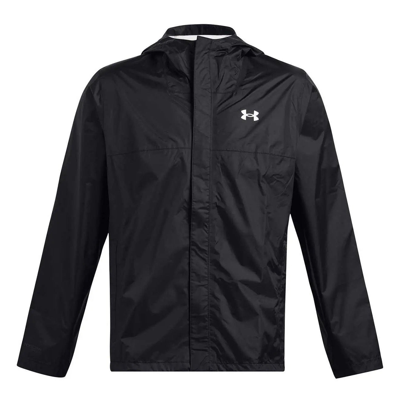 A black Under Armour lightweight jacket with a white logo on the left chest, displayed against a solid white background.