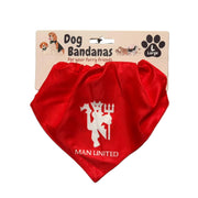 Red dog bandana with 'Man United' logo on a gray surface, next to a brand label.