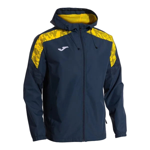 Navy jacket with yellow accents on a white background