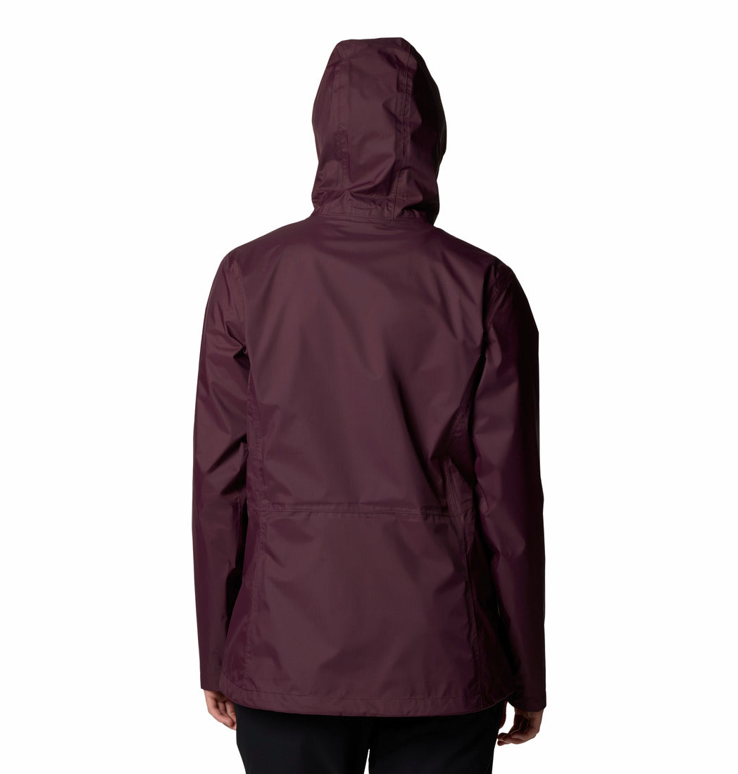 A person shown from the back wearing a hooded jacket in a deep plum-burgundy color, photographed against a plain white studio background.