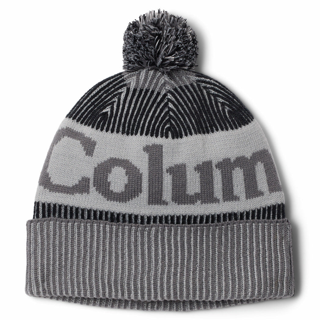 Gray beanie with pom-pom and 'Columbia' logo on a white background