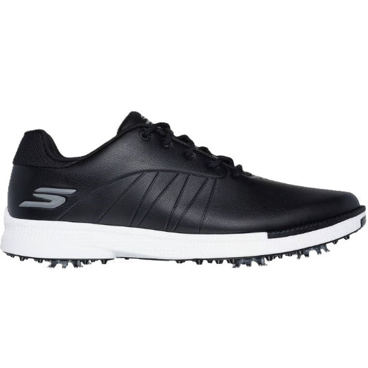 Black golf shoe with white sole on a white background