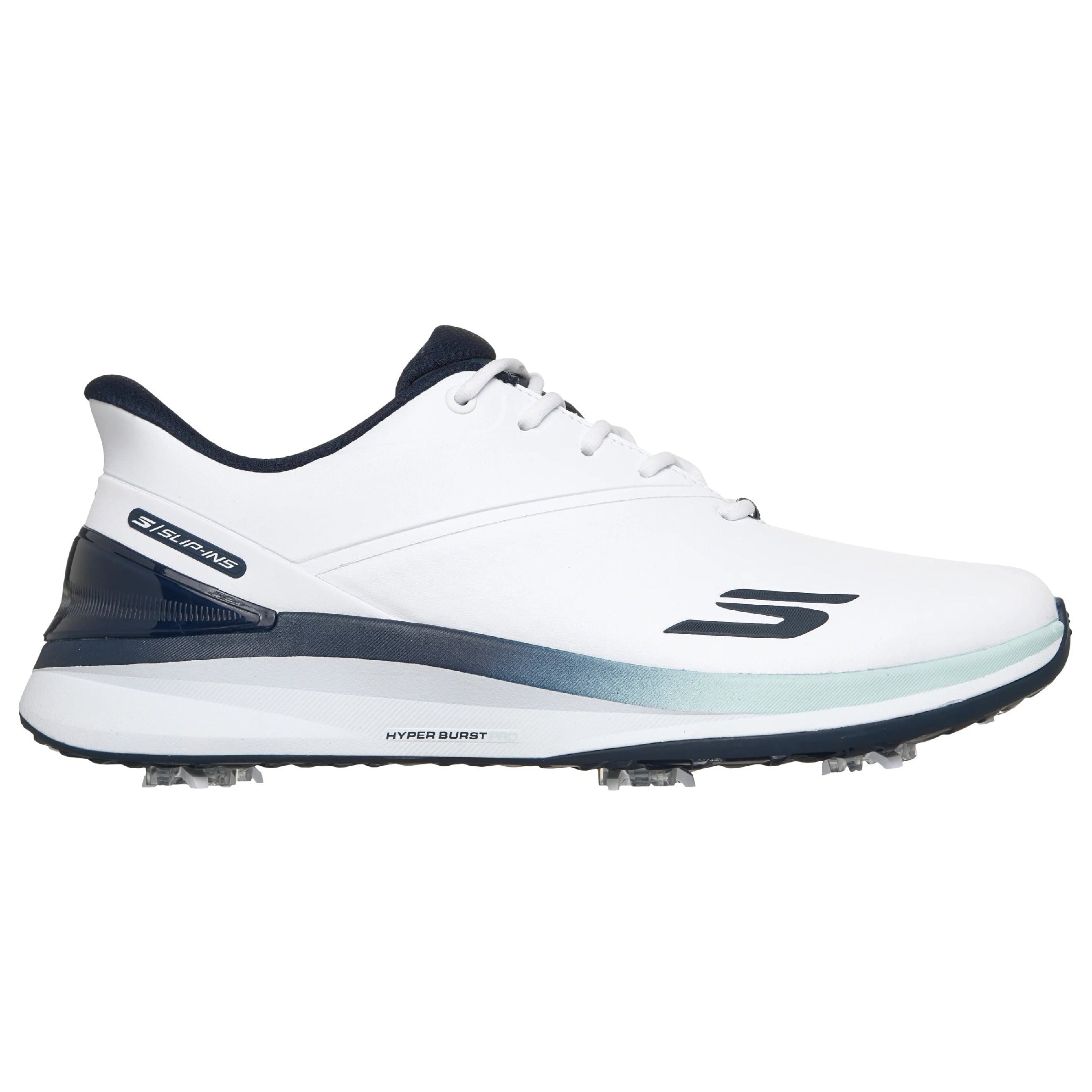 White and navy golf shoe with brand logo on a white background